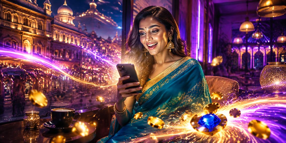 Close-up of a woman playing an online casino game in traditional attire